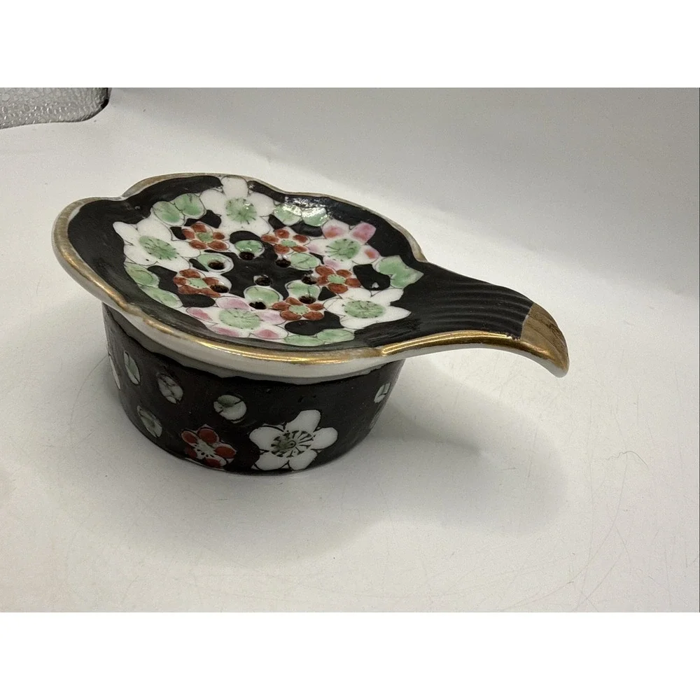 Black Floral Handpainted Decorative Japanese Vintage Ceramic Tea Bag Holder